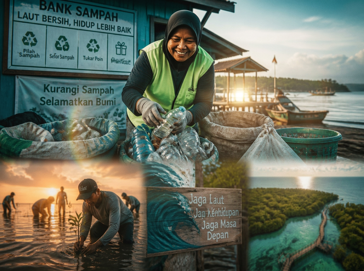 Eco Hero memilah sampah di bank sampah pesisir dan warga menanam mangrove saat matahari terbit