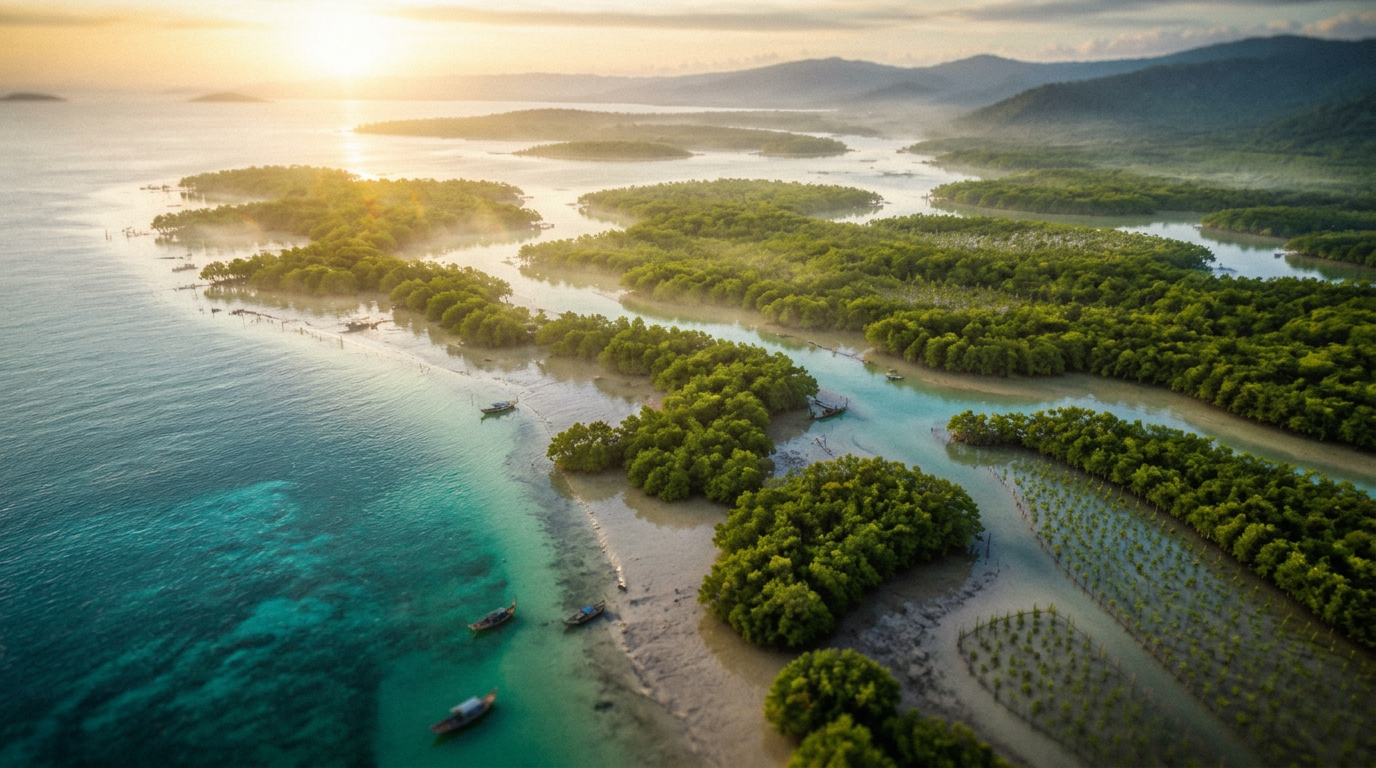 Pemandangan udara pesisir mangrove Indonesia yang dipulihkan saat matahari terbit
